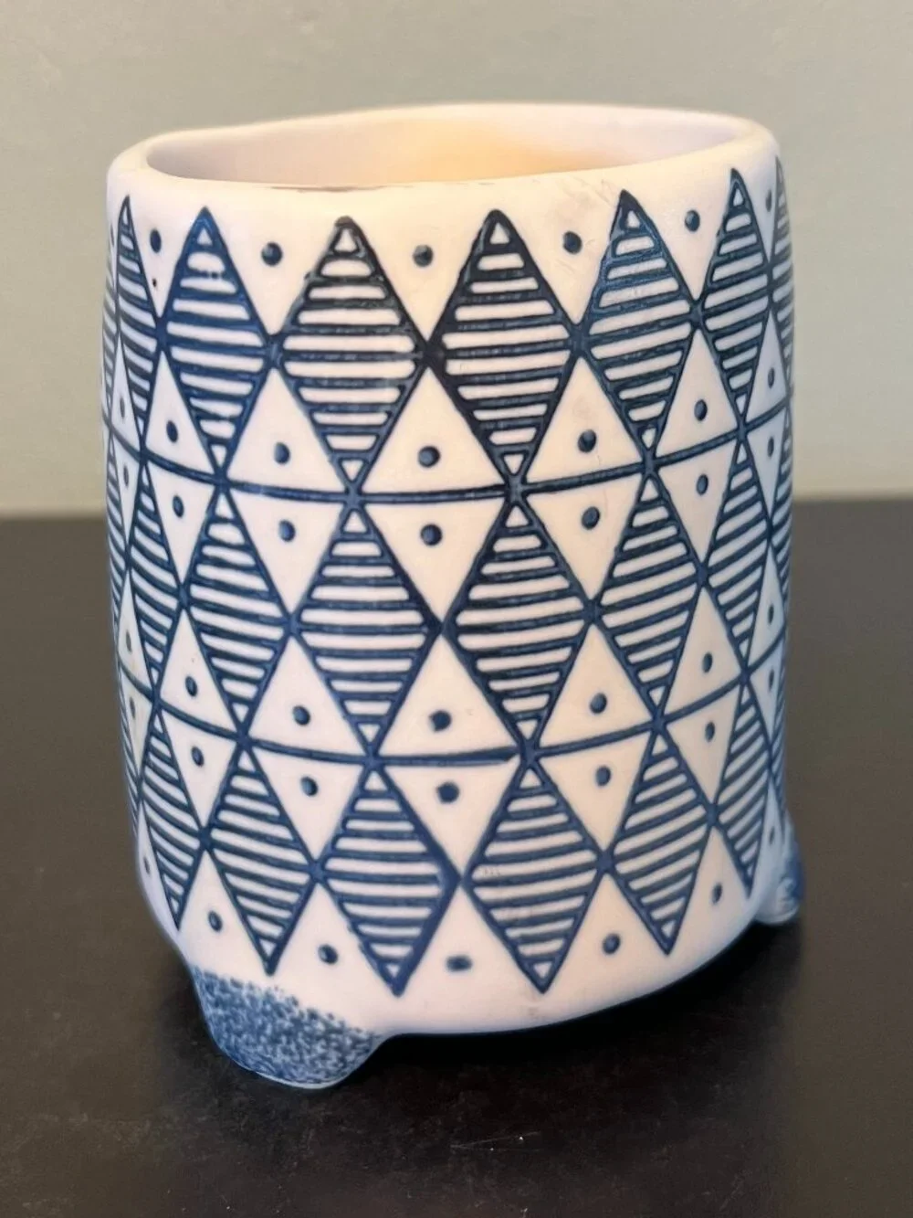 PAPER SOURCE Handcrafted Look Blue White Geometric Tile Pattern Stoneware Mug